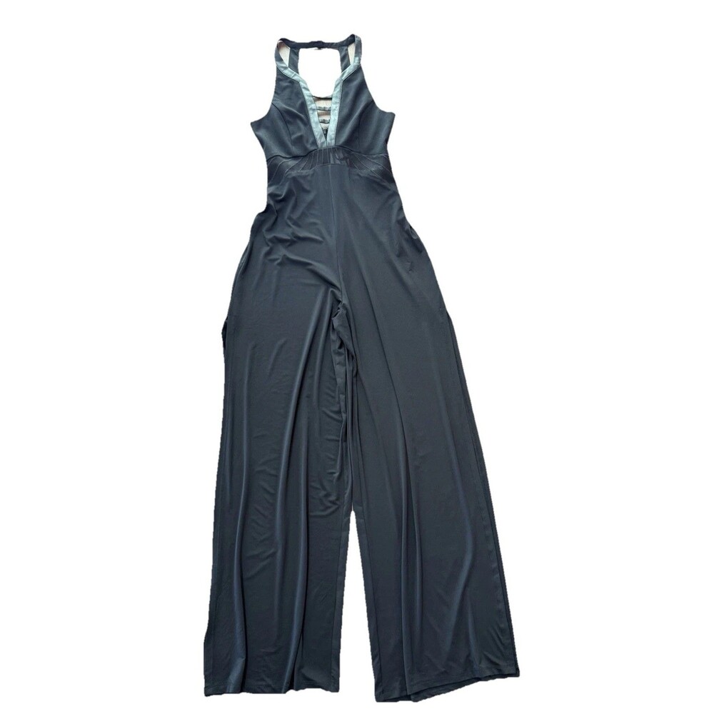 Ark & Co Black Halter Cutout Wide Leg Jumpsuit Faux Leather Trim NWT Small Sexy - Picture 5 of 14